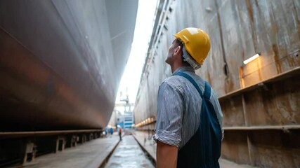 A worker in a hard hat gazes up at towering ships in a dry dock, capturing the blend of human endeavor and industrial achievement in maritime construction.
