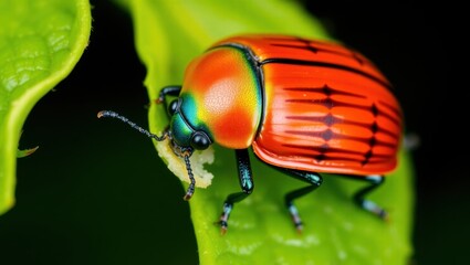 Fototapeta premium Colorful Leaf Beetle on Green Leaf Closeup