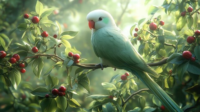 Pastel parakeet perched on branch with berries