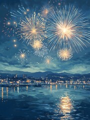 The dazzling fireworks reflected on the sea surface