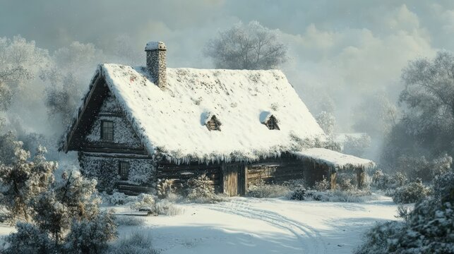 Snowy rustic cabin in winter wonderland peaceful nature scene - Powered by Adobe