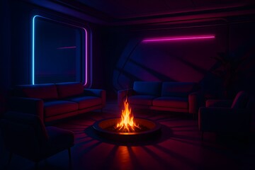 Cozy neon lit room featuring a fire pit and modern furniture creating a relaxing interior aesthetic for home decor.