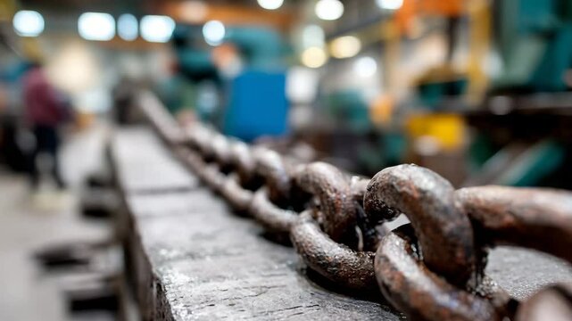 An intriguing photo of a rusty chain resting on industrial machinery, representing strength, durability, and the passage of time in a busy workshop or factory environment.