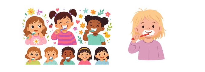 Cartoon children brushing their teeth, hygiene routine illustration, transparent background.