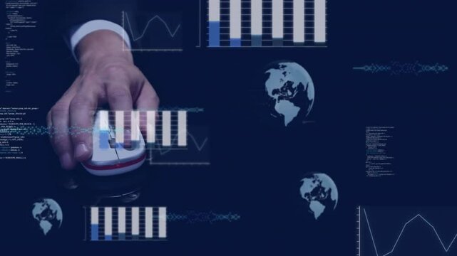 Hand operating red computer mouse while bar charts line graphs code snippets and globe icons moving