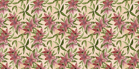 Neutral colors seamless pattern with hand painted watercolor maroon pink lilies on orange brown background. Delicate watercolour stylized flowers floral print for textile, surface design, wallpaper