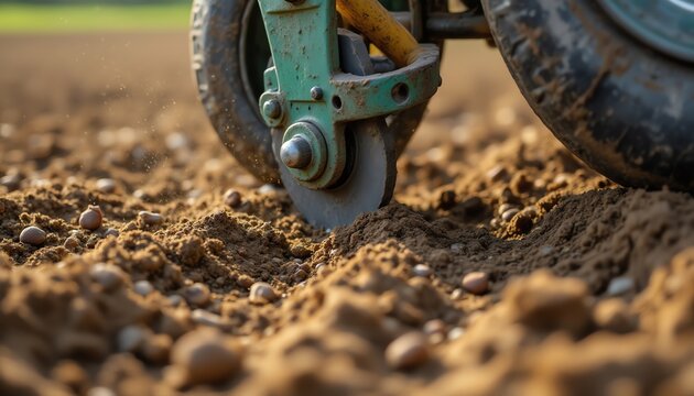 Farming equipment tilling fertile soil in field.