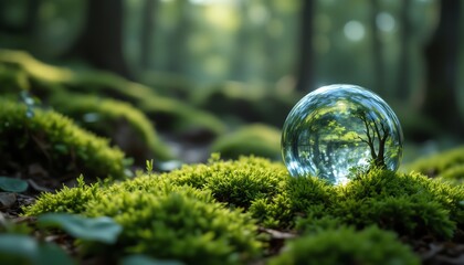 A crystal sphere reflecting a serene forest.