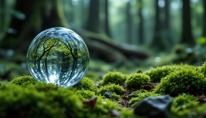 A crystal ball reflecting forest scenery.