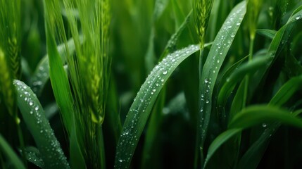 Obraz premium Beautiful, fresh green grass with water droplets in close-up, blurred background