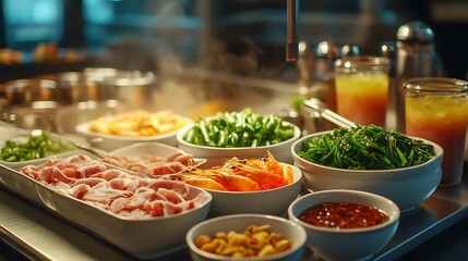 Obraz premium Variety of Fresh Ingredients for Hot Pot or Steamboat