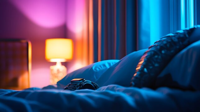 Smartwatch on Bedside Neon Lights Night Photography
