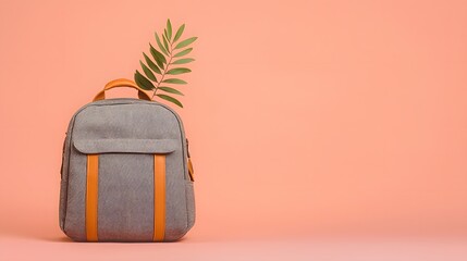 Grey and Orange Backpack with Zipper Detail on Pink Background