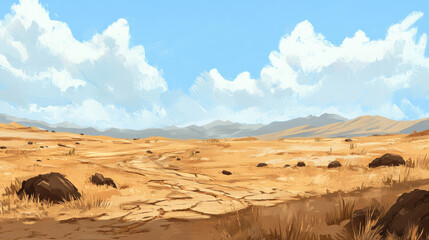 Naklejka premium A desolate desert landscape stretches toward distant mountains under a cloudy sky