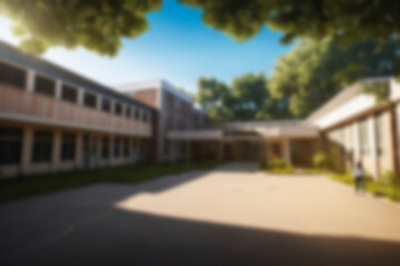 Obraz premium blurry school yard, school with many trees around the yard, sunlight shines on the yard, sunny weather blurry background