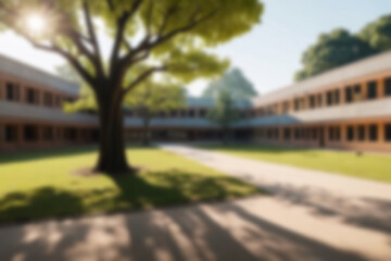 Fototapeta premium blurry school yard, school with many trees around the yard, sunlight shines on the yard, sunny weather blurry background