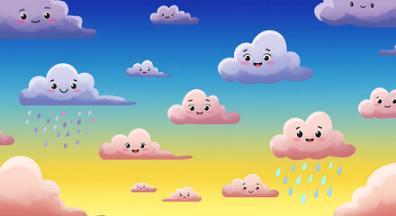 Fototapeta premium A Colorful Array of Cartoon Clouds with Rain Showers