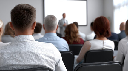 Attendees watch a presentation in a bright room. A man speaks before a screen