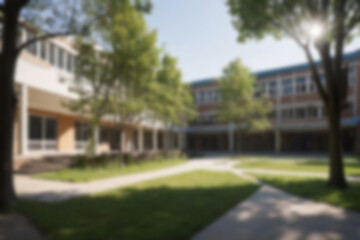 Fototapeta premium blurry school yard, school with many trees around the yard, sunlight shines on the yard, sunny weather blurry background