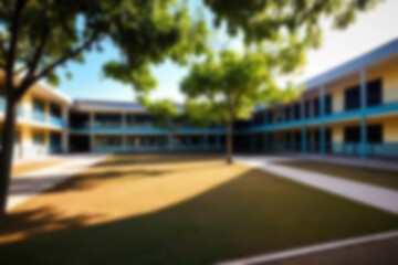 Obraz premium blurry school yard, school with many trees around the yard, sunlight shines on the yard, sunny weather blurry background