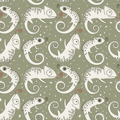 Chameleon Cartoon Seamless Repeat Pattern. Doodle Chameleon Jungle Background in Olive green dark background. Reptile lizard illustration print fabric kids motif.
