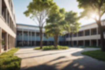 Obraz premium blurry school yard, school with many trees around the yard, sunlight shines on the yard, sunny weather blurry background