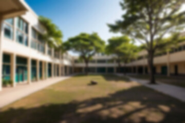 Obraz premium blurry school yard, school with many trees around the yard, sunlight shines on the yard, sunny weather blurry background