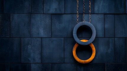 Interlocked Metal Rings Hanging Against Dark Blue Stone Wall
