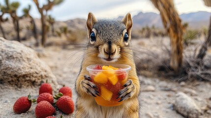 Obraz premium A chipmunk holds a cup of fruit salad