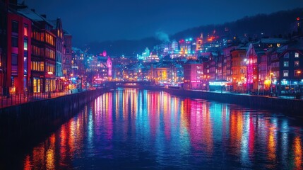 Fototapeta premium Vibrant city nightscape colorful buildings and water reflections