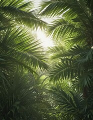 Vibrant green palm fronds, sunlight dappled, lush texture, design, plant