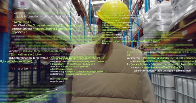 female warehouse worker standing amid shelving racks with animated code overlay for logistics