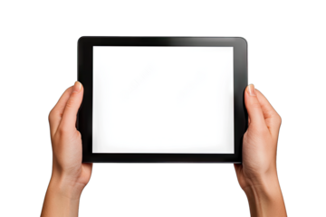 Hands Holding A Tablet Computer With A Blank White Screen The Tablet Is In The Center Of The Frame And Is Being Held Horizontally The Hands Are In The Foreground And Are Slightly Blurred The Backgroun