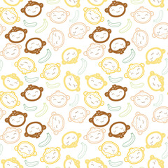 Cute Monkeys and Bananas Seamless Pattern. Playful Monkey Heads Pattern Fabric Motif Illustration.