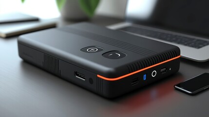 Compact Portable Device with USB Ports and Indicator Lights on a Desk Setup