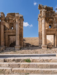 Staircase and altar terrace of Sanctuary of Artemis on Cardo Maximus in Jerash, a Greco-Roman well preserved city in Jordan