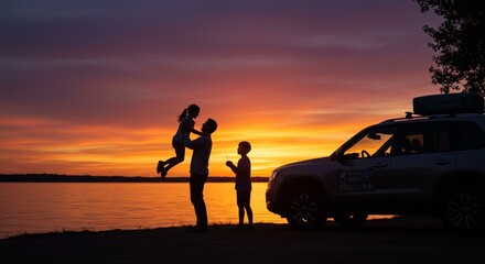 Fototapeta premium Father Lifting Child Silhouette at Vibrant Sunset Family Love