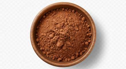 Wooden bowl filled with brown cocoa powder.
