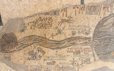 Madaba Mosaic map on floor of Saint George byzantine church is 5th Century cartographic map of Holy Land