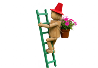 Wooden figure climbing ladder with flower pot isolated on transparent background