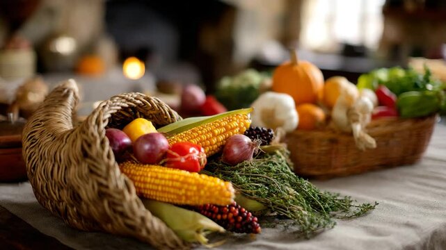 This image beautifully captures a cornucopia filled with vibrant fruits and vegetables, symbolizing abundance and the spirit of harvest celebrations throughout the year.