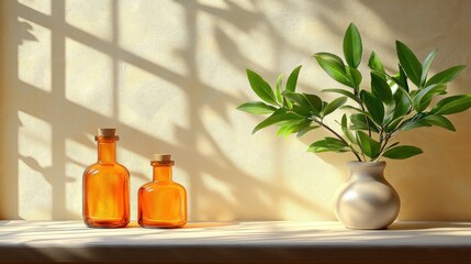 Sunlight streams through window, illuminating amber bottles and vase with greenery