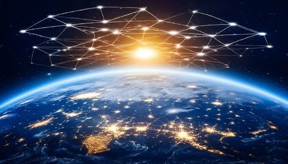 Global network connectivity depicted over a nighttime earth.