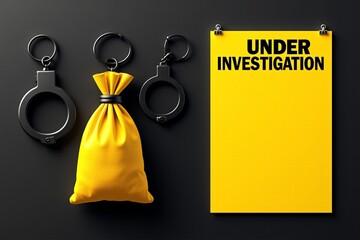 Black bag, handcuffs, yellow poster with wanted. Pictorial representation of crime, investigation, and law enforcement concepts for various designs.