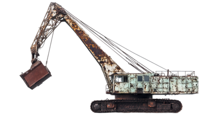 Rusty Old Construction Crane With A Raised Bucket Isolated On A Transparent Background