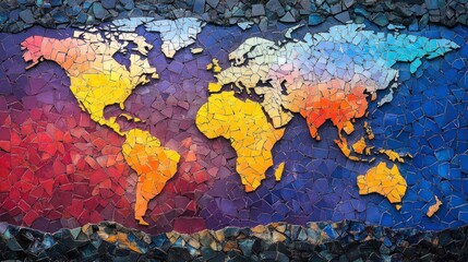 Colorful mosaic world map global theme artwork travel geography