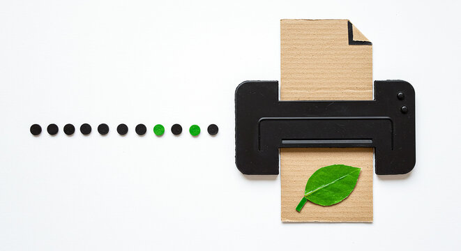 Eco friendly printing with recycled cardboard and leaf symbolizing sustainability