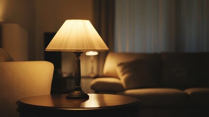 A lamp is lit on a table in a living room