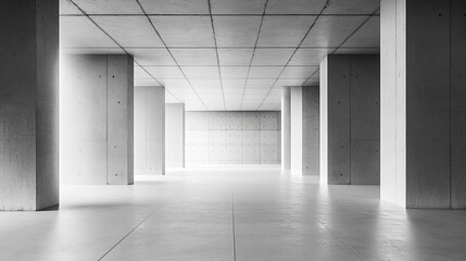 Modern Minimalist Concrete Architecture Interior Design Empty Space Bright Light Spacious Hallway Building Structure Gray Walls Polished Floor Clean  