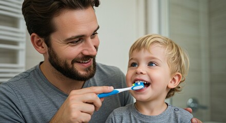 Happy Father and Son Brushing Teeth Together  A Guide to Building Healthy Oral Habits